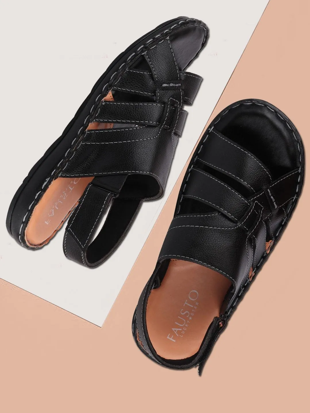 Men Black Casual Hook & Loop Sandals