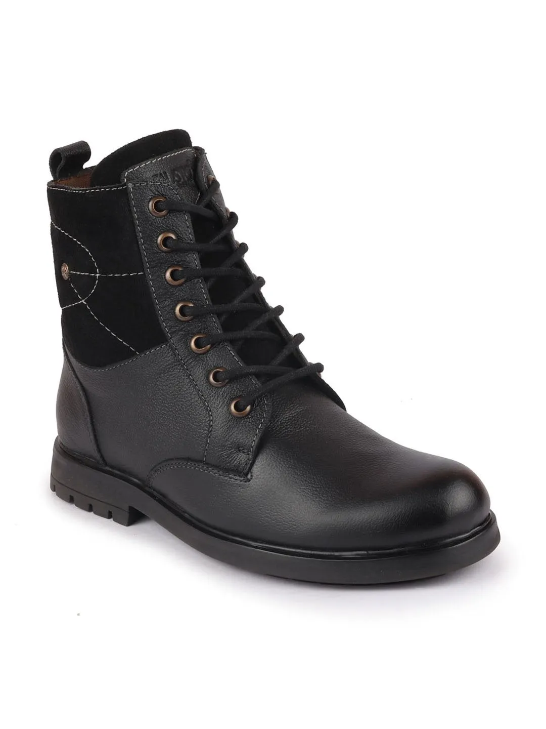 Men Black Leather Lace Up High Top Boots