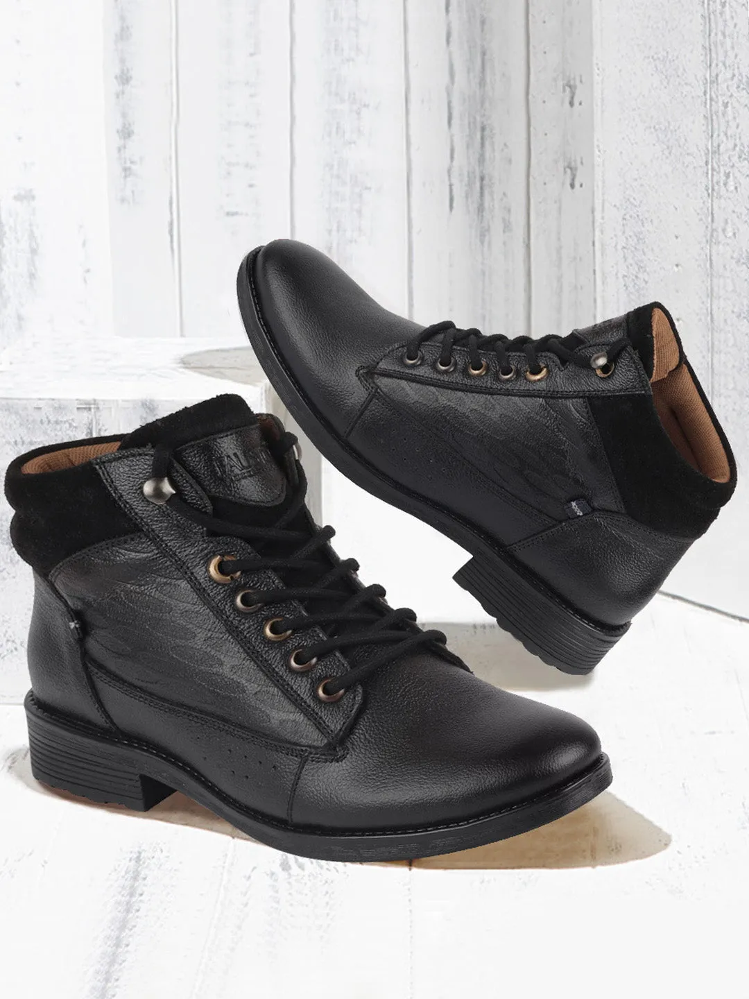 Men Black Leather Lace Up Mid Top Boots