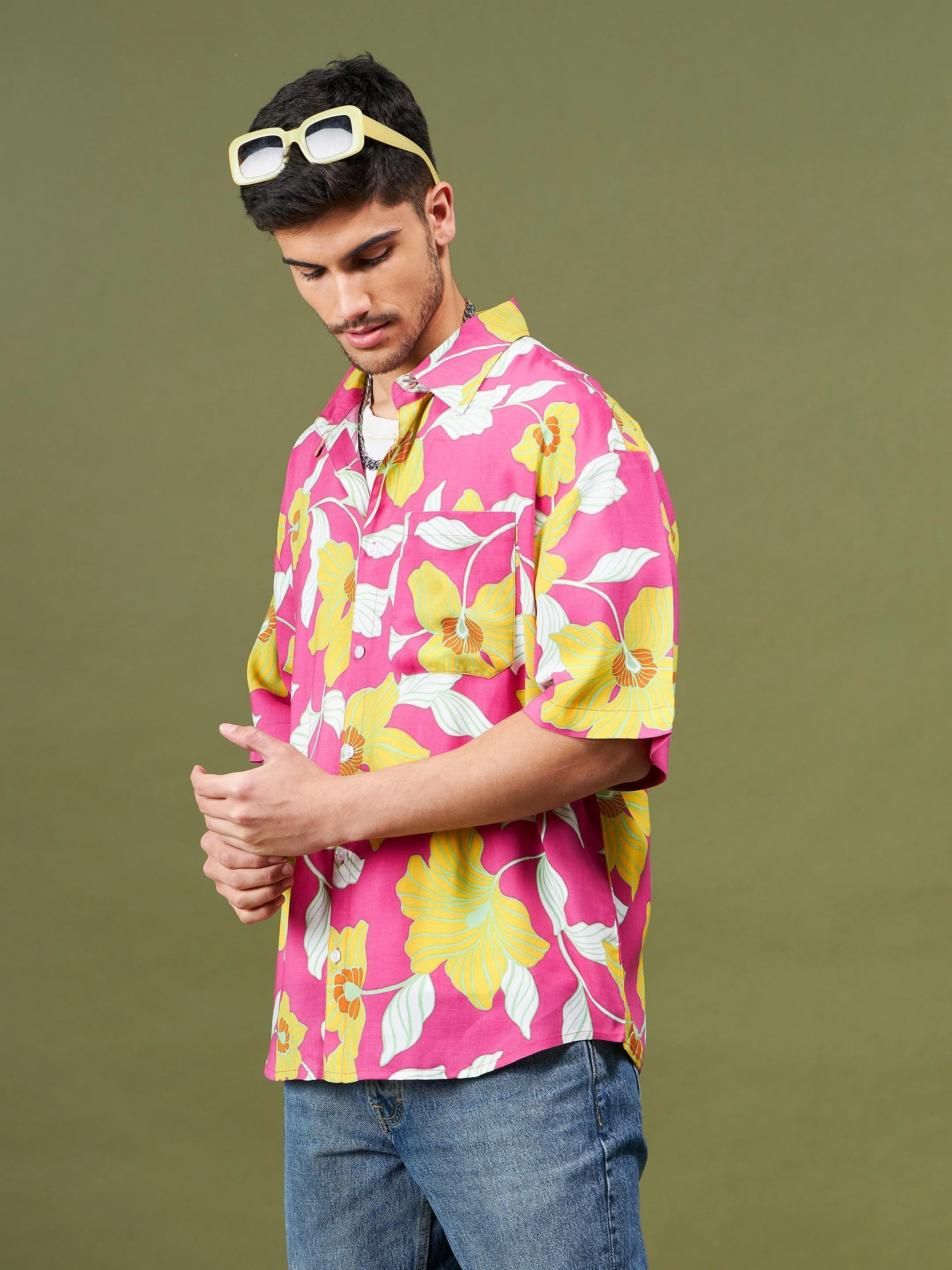 Men Fuchsia Tropical Oversized Shirt