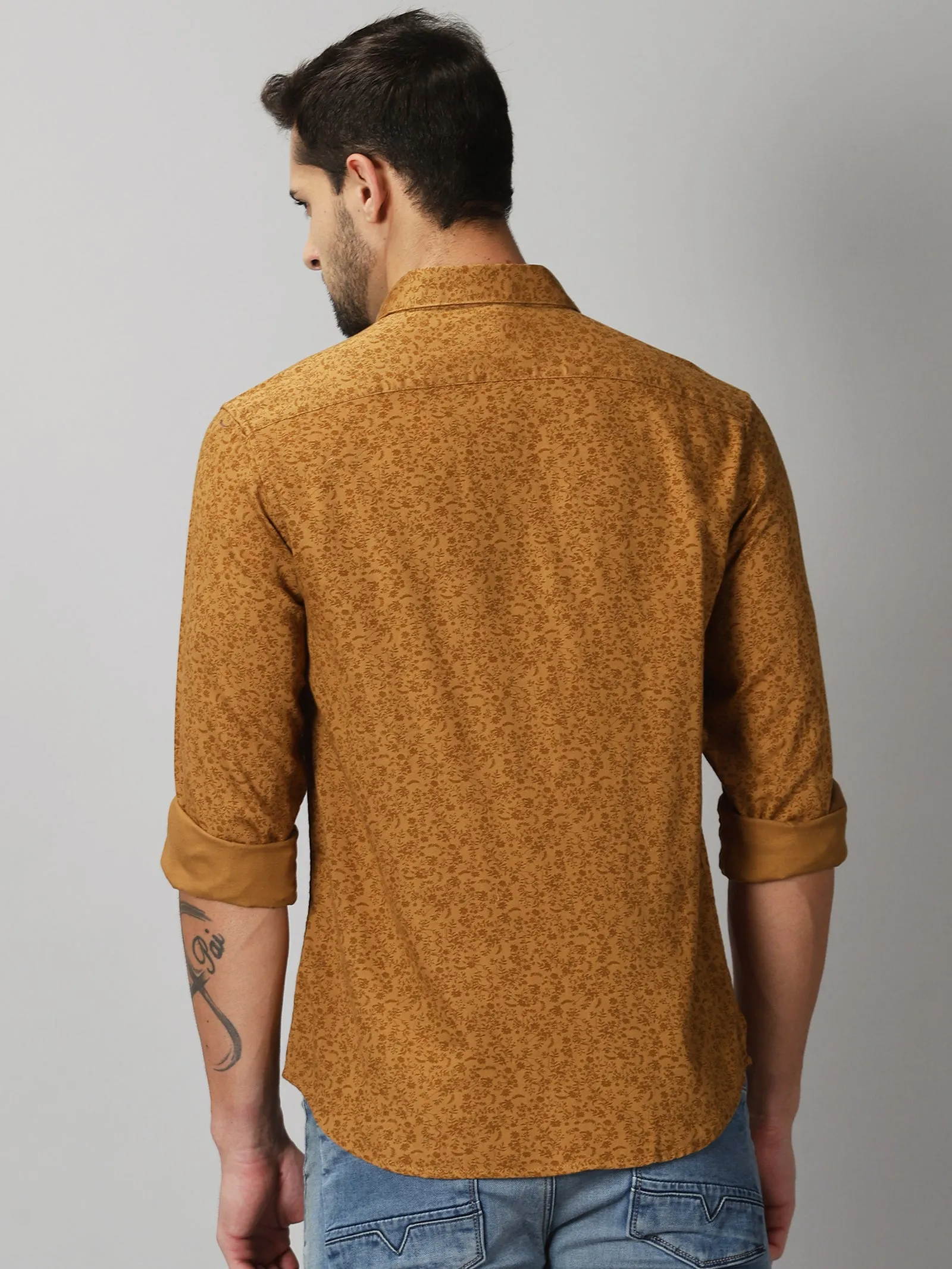 MEN'S BROWN PRINT SLIM FIT SHIRT