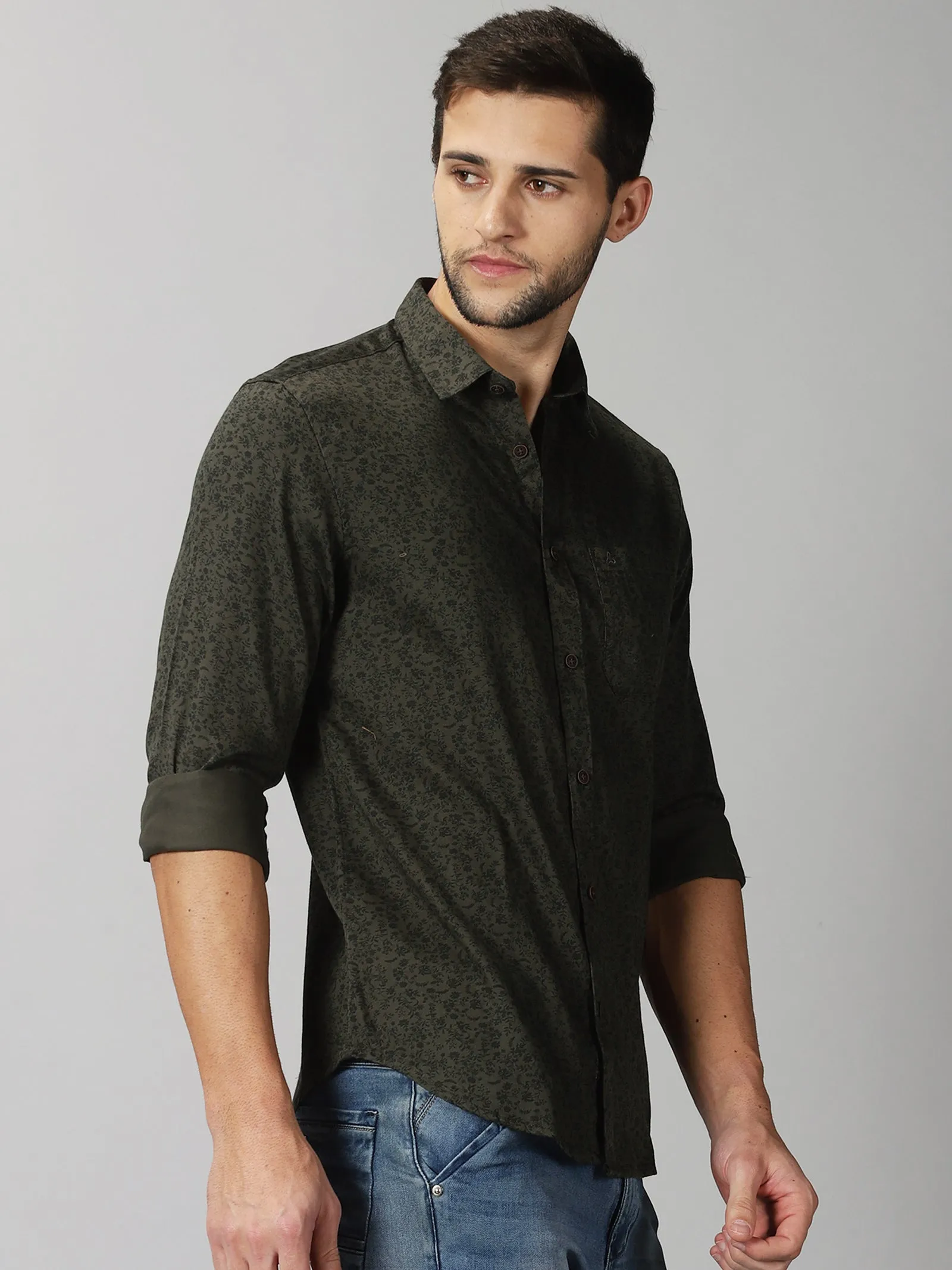 MEN'S DK OLIVE PRINT SLIM FIT SHIRT