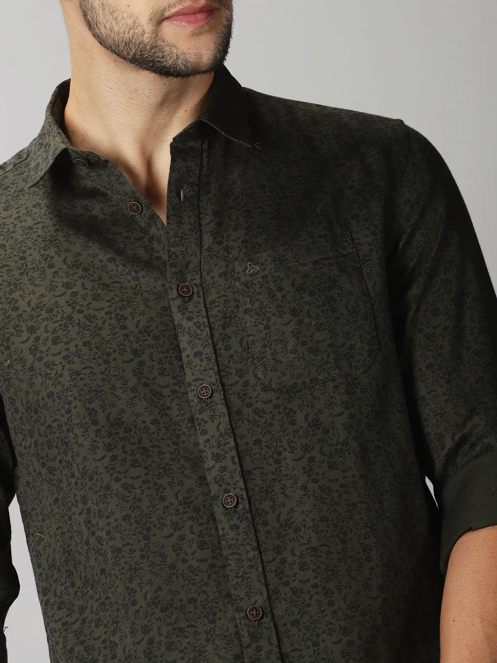 MEN'S DK OLIVE PRINT SLIM FIT SHIRT