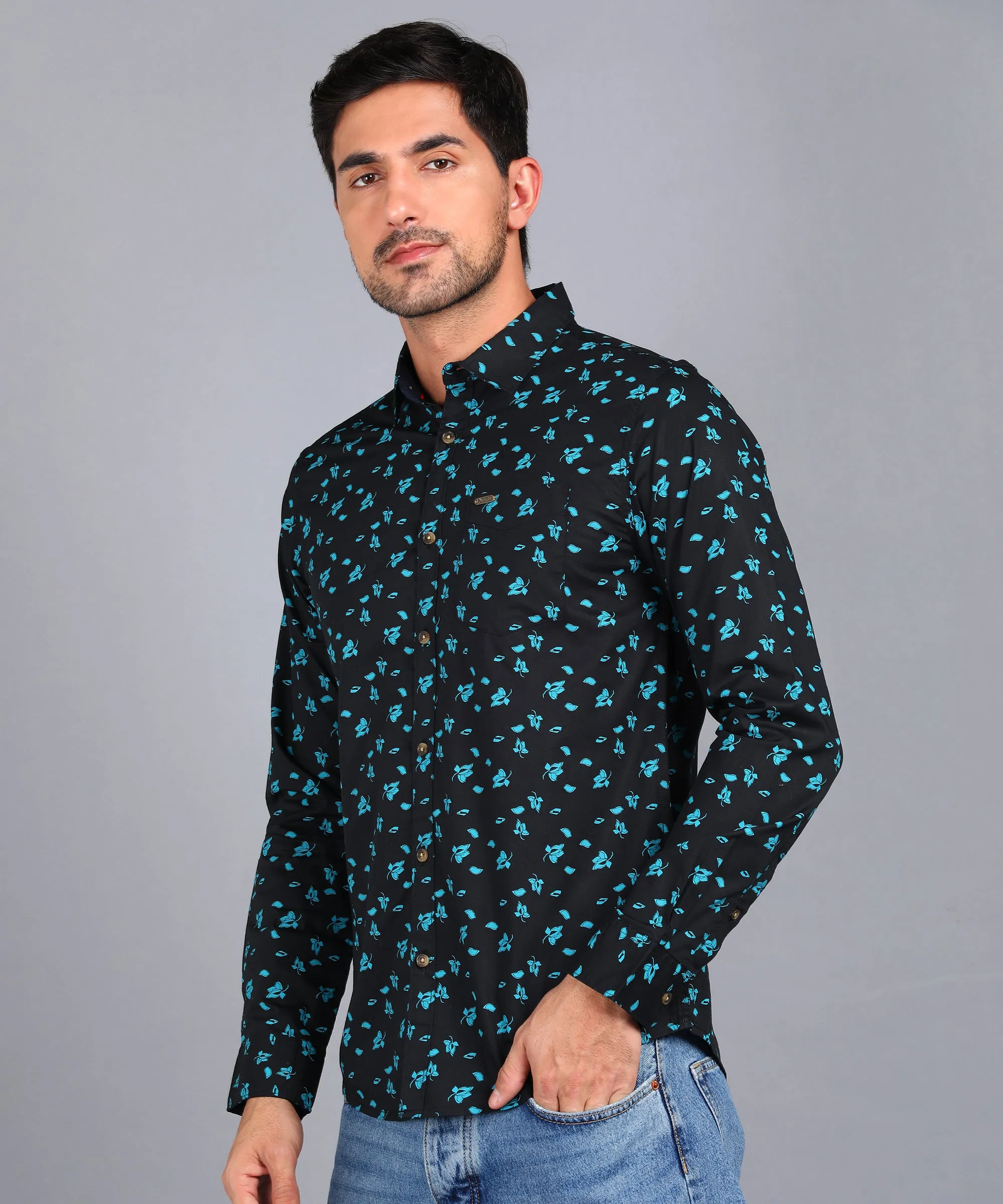 Men's Navy Cotton Full Sleeve Slim Fit Casual Printed Shirt