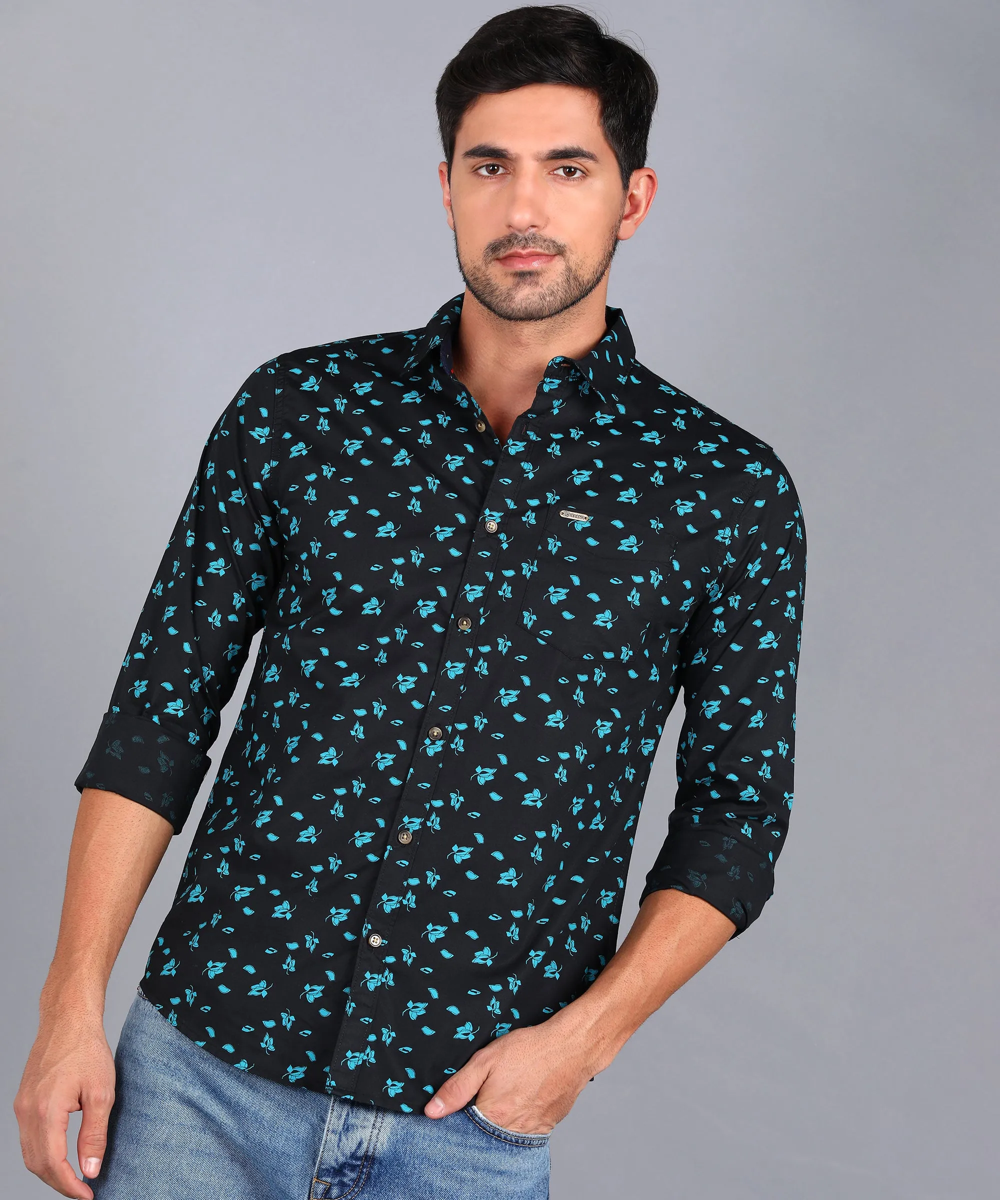 Men's Navy Cotton Full Sleeve Slim Fit Casual Printed Shirt