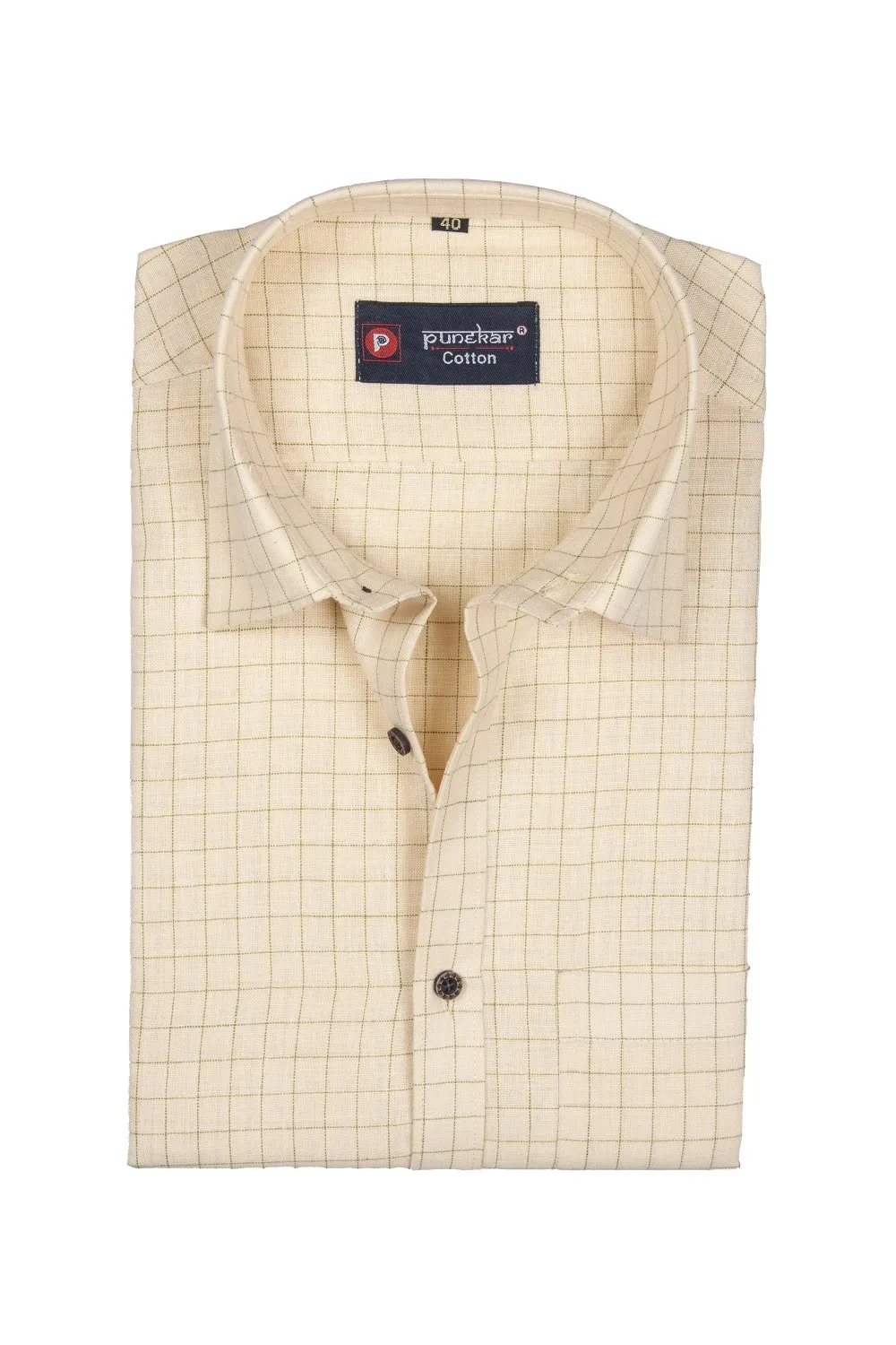 Punekar Cotton Cream Color Check Criss Cross Woven Cotton Shirt for Men's.