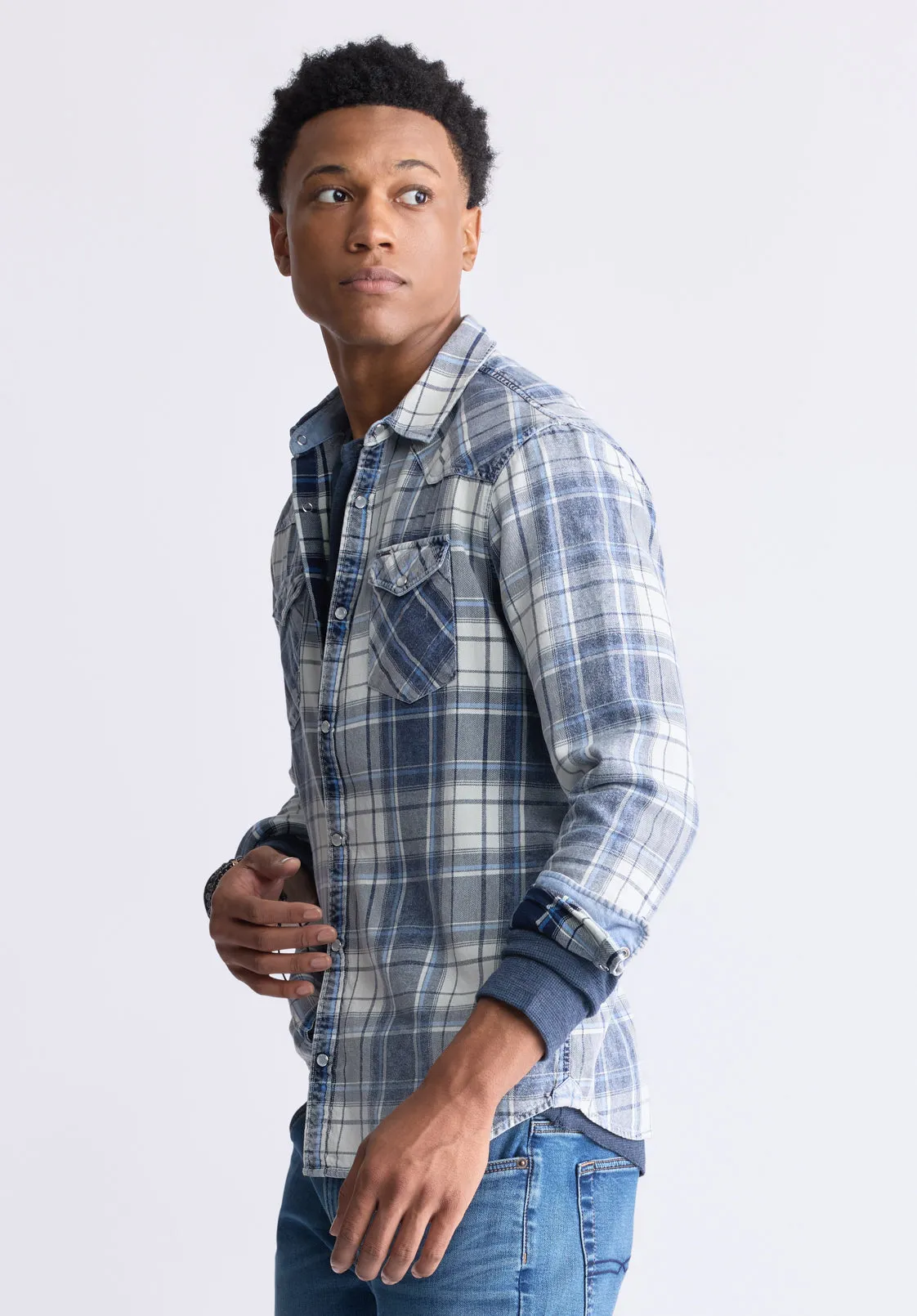 Sierra Men's Long-Sleeve Plaid Shirt, White & Mirage Blue - BM24465