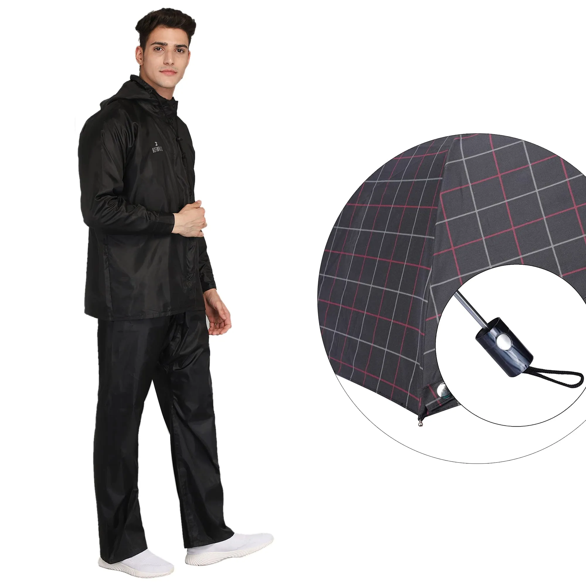 THE CLOWNFISH Combo Of Rain Coat for Men Waterproof Polyester (Black 3XL) Umbrella 3 Fold Waterproof Pongee (Checks Design- Dark Pink)