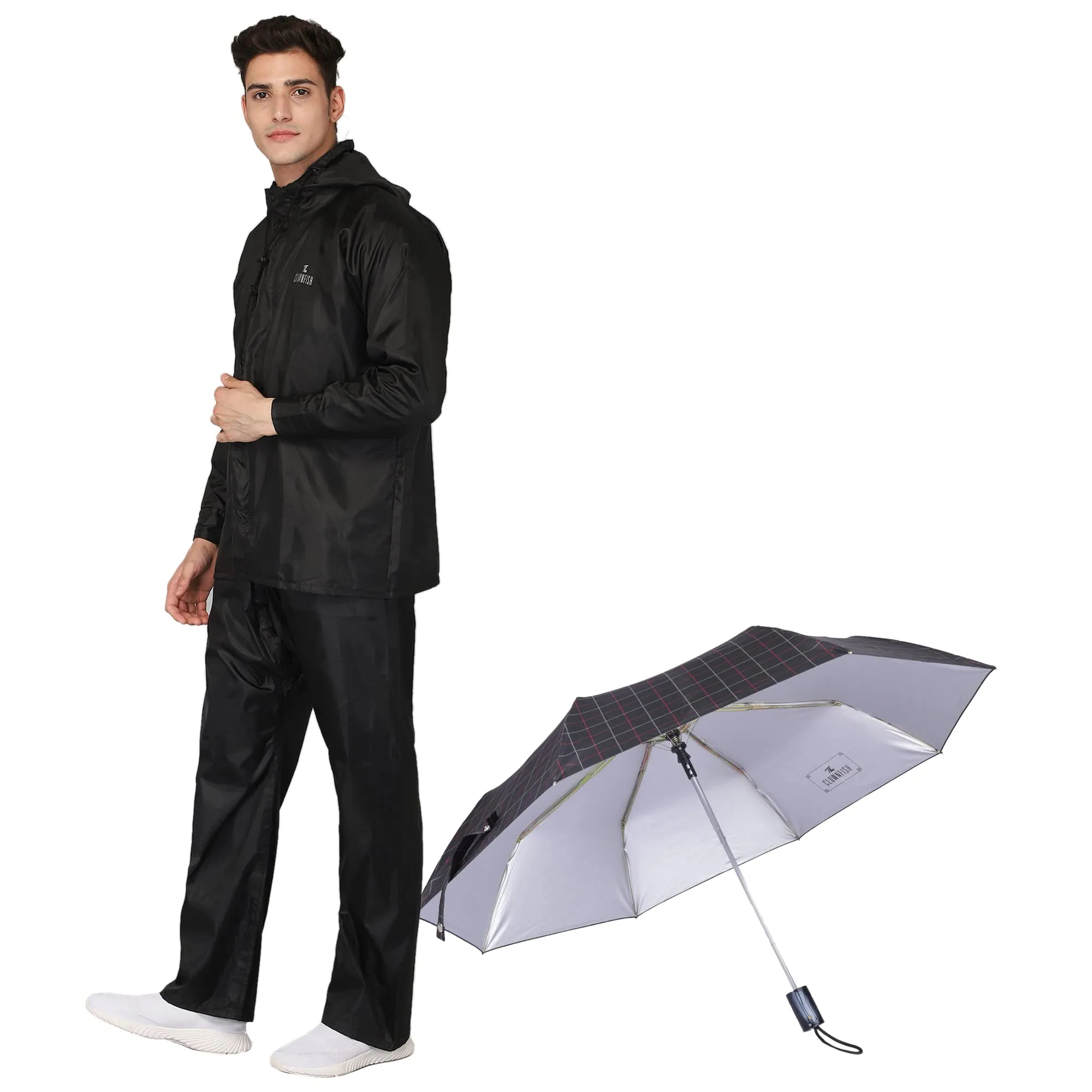 THE CLOWNFISH Combo Of Rain Coat for Men Waterproof Polyester (Black 3XL) Umbrella 3 Fold Waterproof Pongee (Checks Design- Dark Pink)