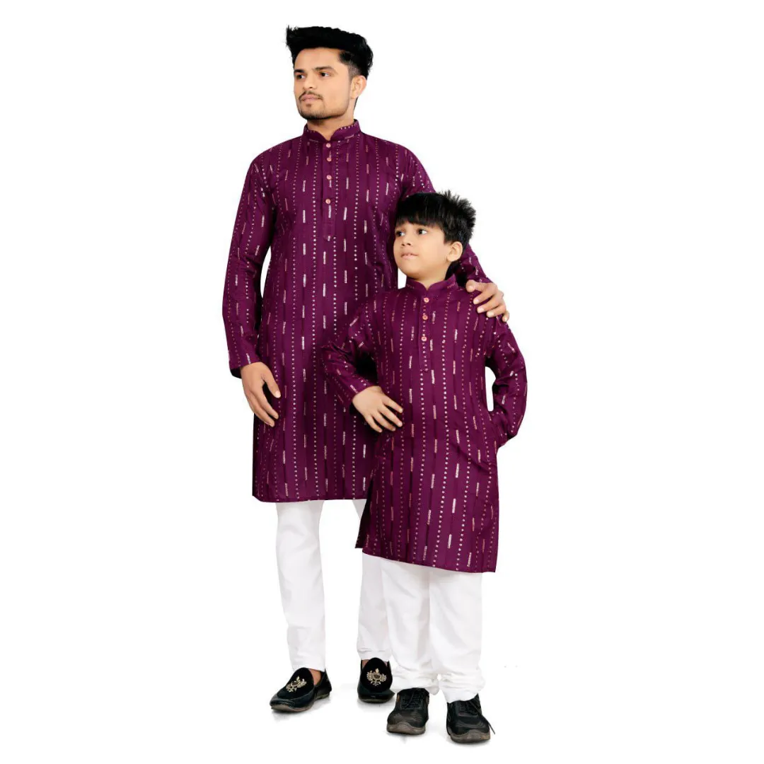 Traditional Cotton Ethnic Father Son Same Matching Kurta Pajama outfits Wine