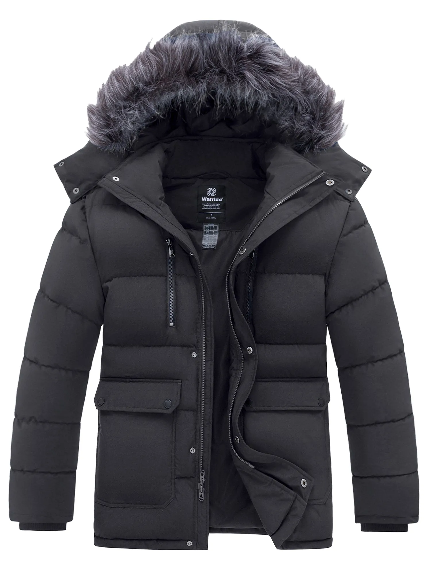 Wantdo Men's Thicken Winter Coat Mid-length Puffer Winter Parka Jacket with Detachable Hood