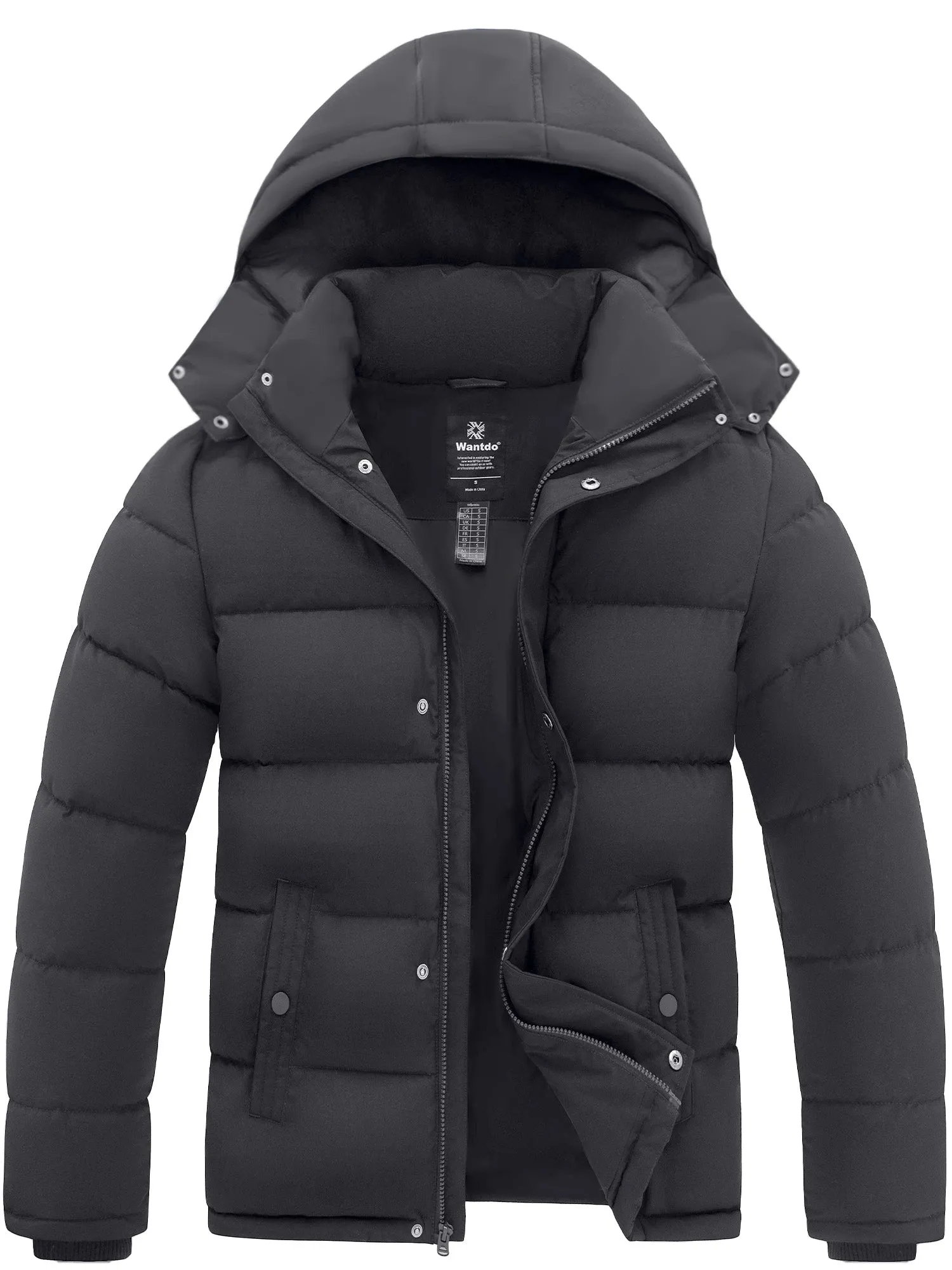 Wantdo Men's Winter Coat Windproof Puffer Jacket Padded Winter Coat with Detachable Hood