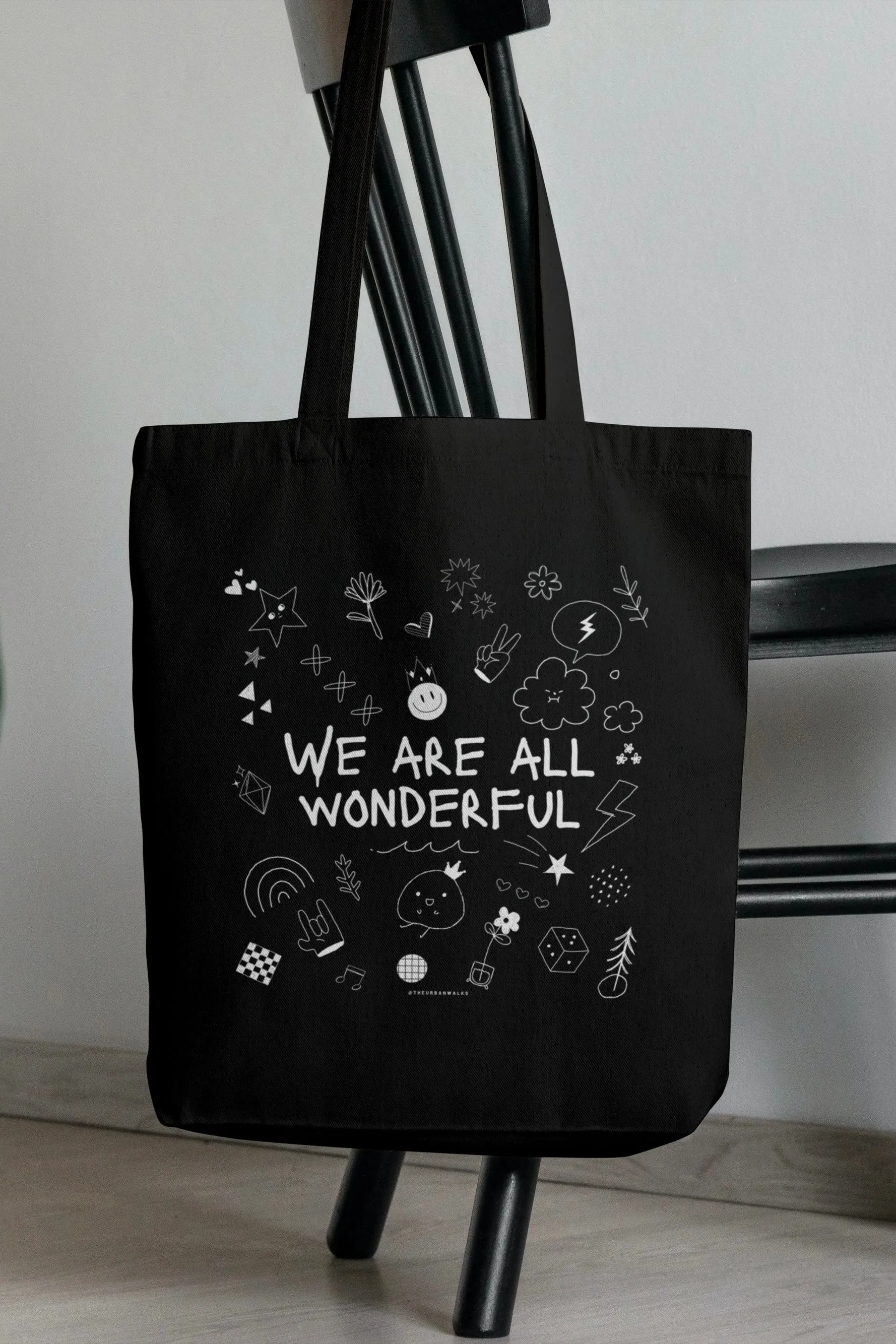 We Are All Wonderful Doodle Black Tote Bag with Zipper