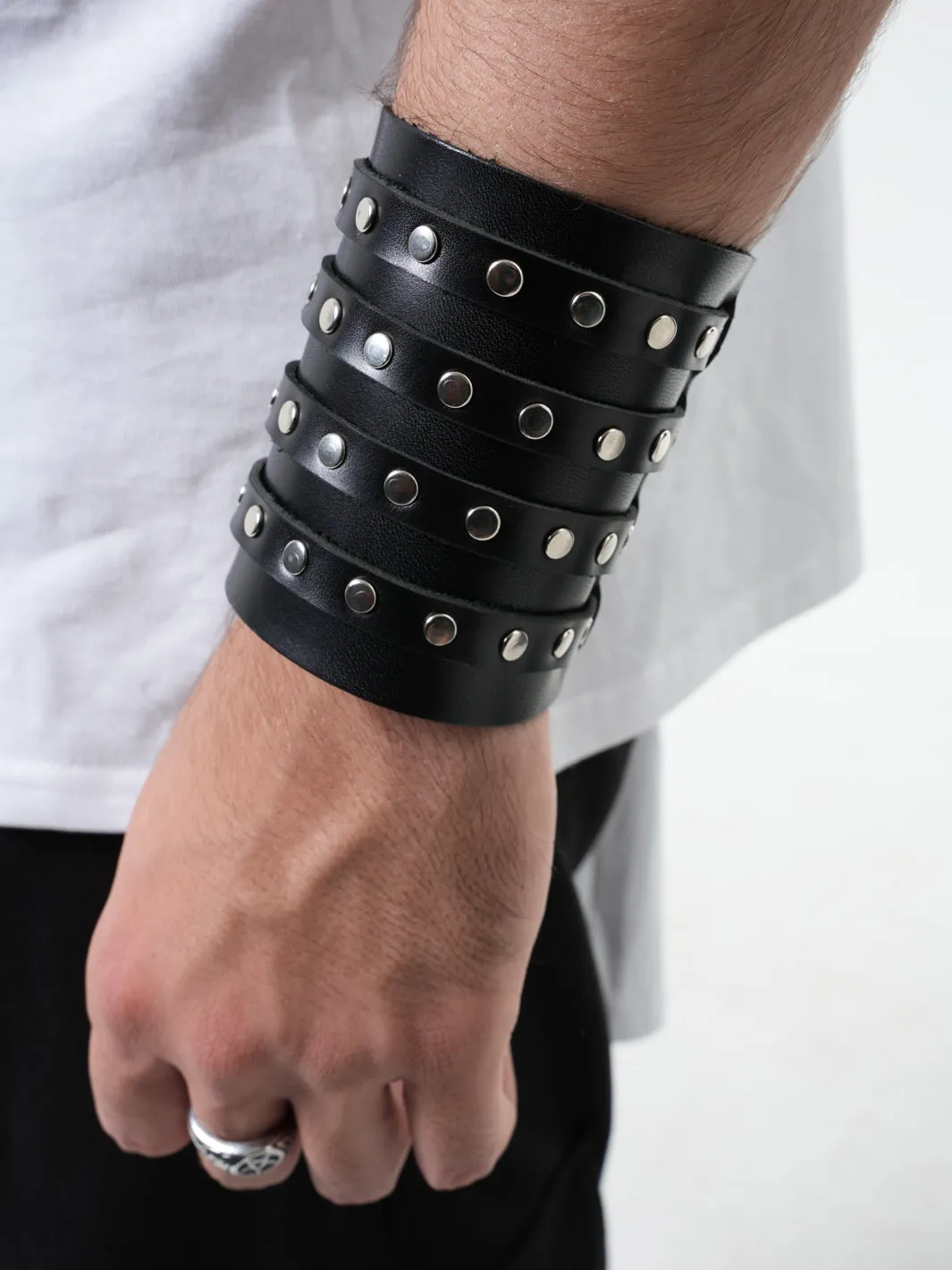 Wide Leather Studded Bracelet