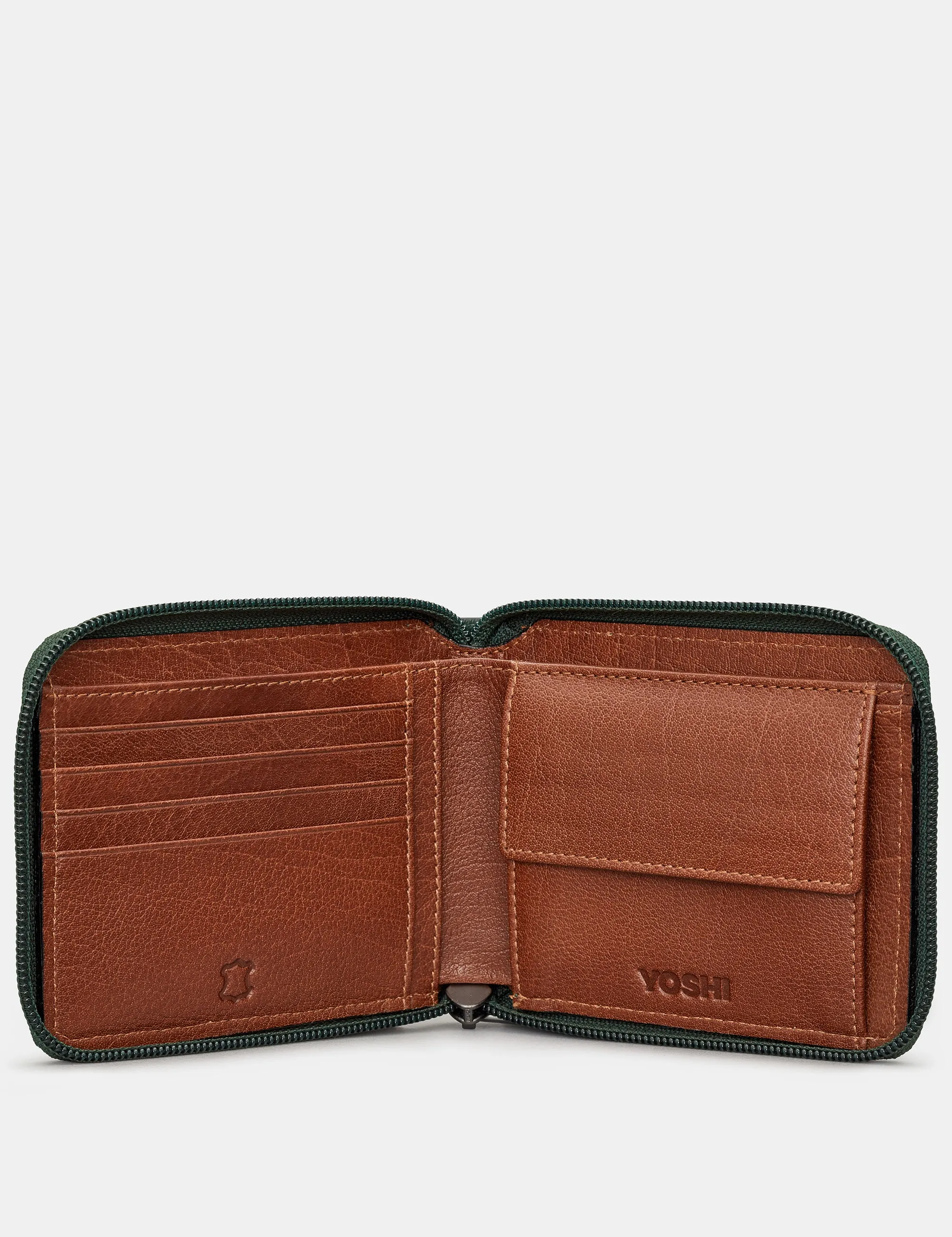 Zip Around Green And Brown Leather Wallet